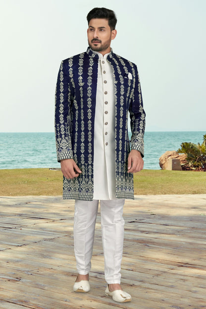 Navy Blue Colour Banarasi Silk Sherwani VSSH1040539