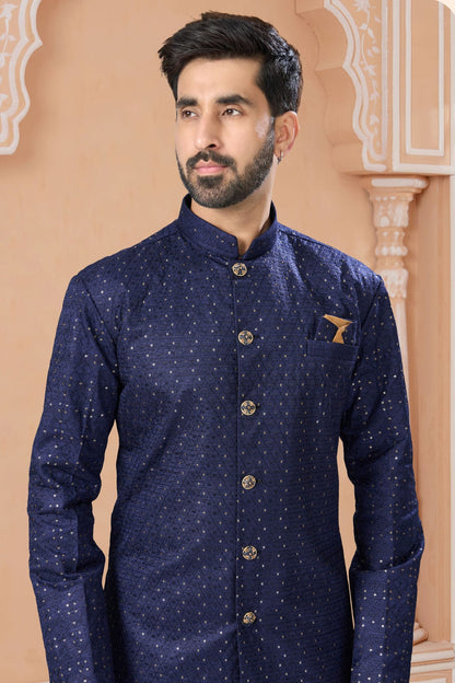 Navy Blue Colour Banglori Silk Sherwani VSSH1040565