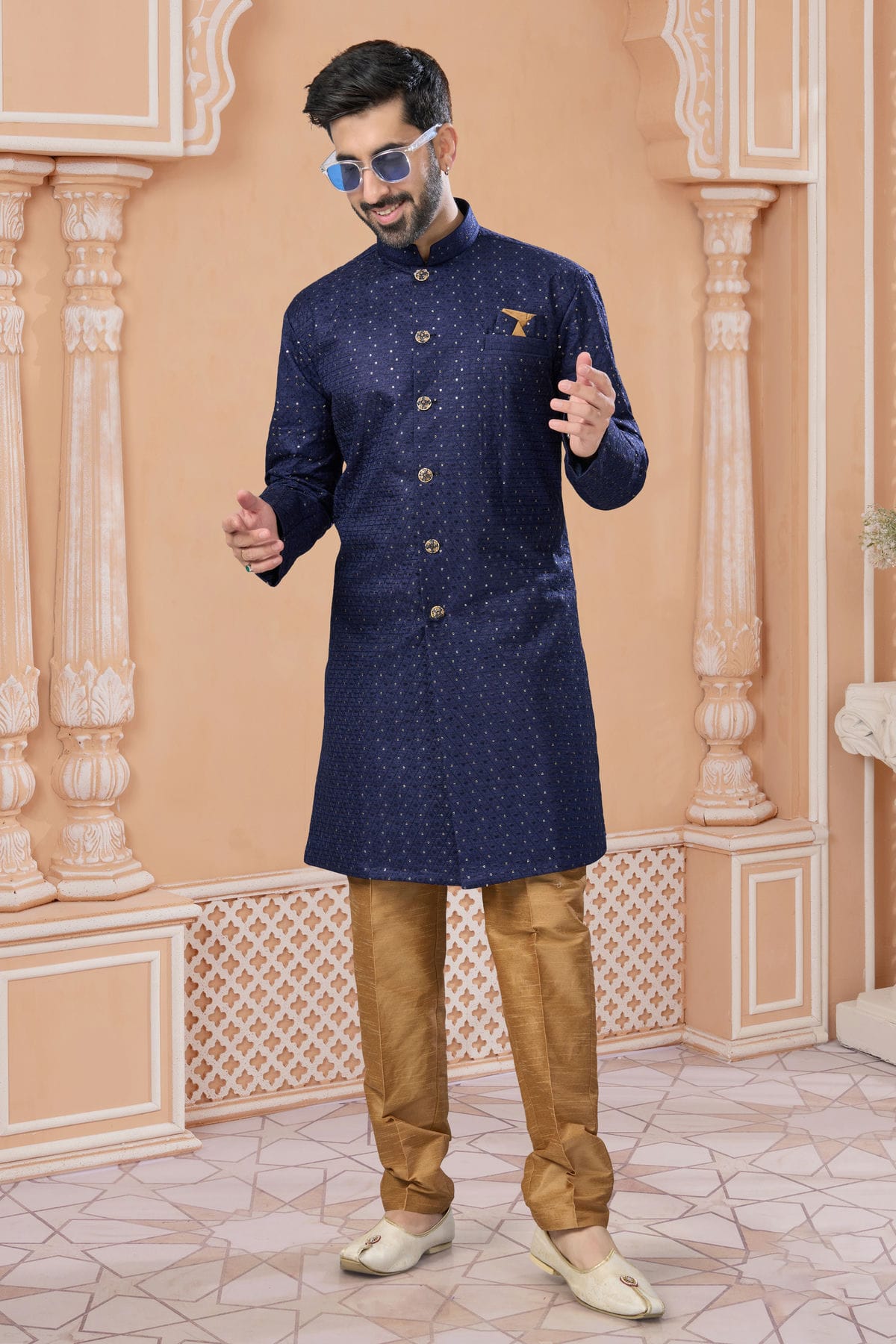 Navy Blue Colour Banglori Silk Sherwani VSSH1040565