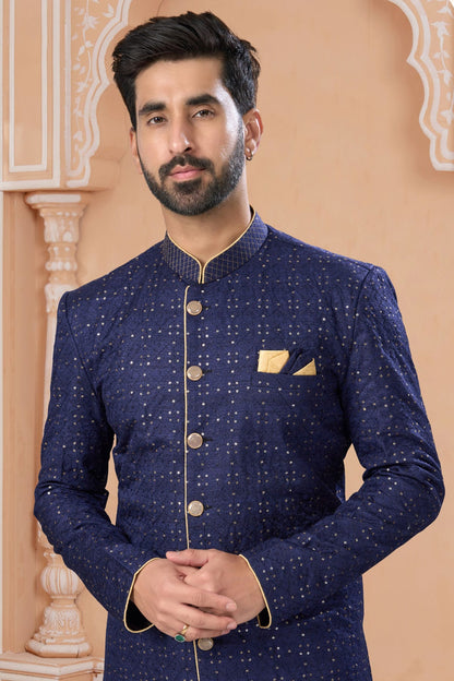 Navy Blue Colour Banglori Silk Sherwani VSSH1040568