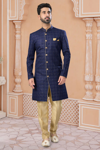 Navy Blue Colour Banglori Silk Sherwani VSSH1040568