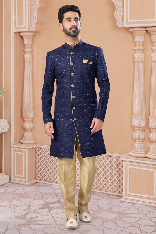 Navy Blue Colour Banglori Silk Sherwani VSSH1040568