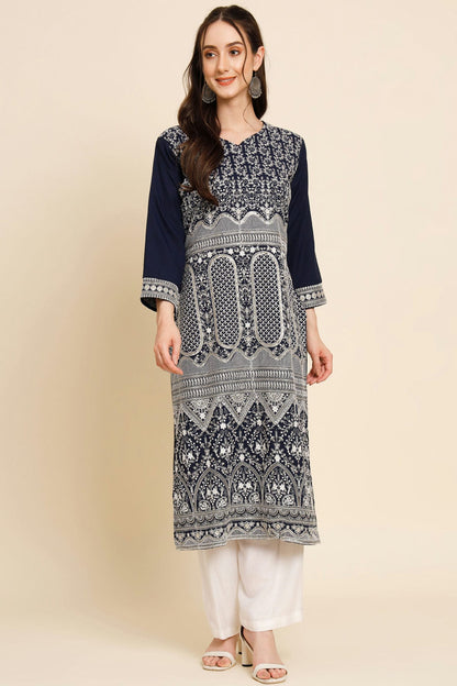 Navy Blue Colour Butter Crepe Kurti