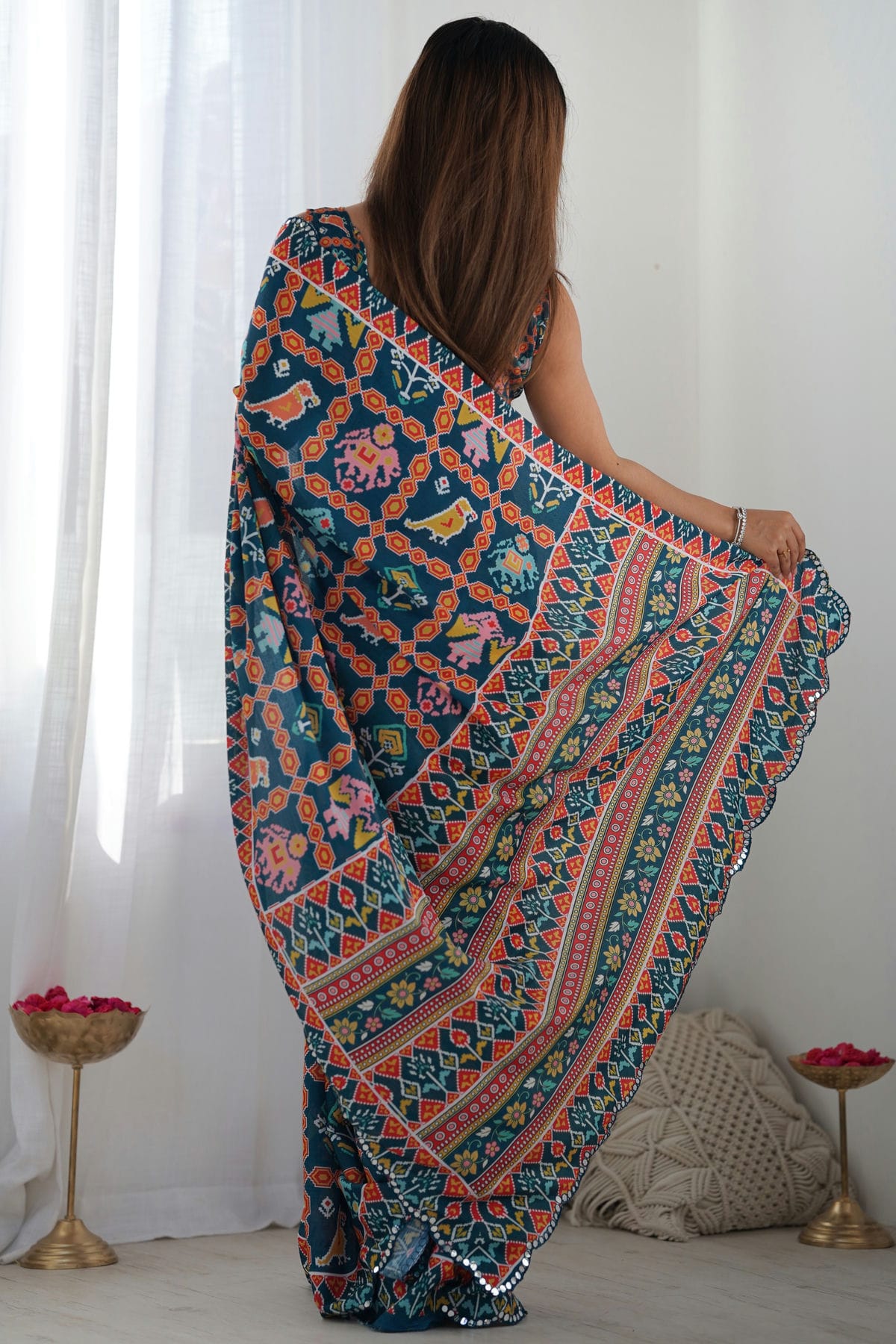 Navy Blue Colour Chinon Printed Saree VSSD1112075