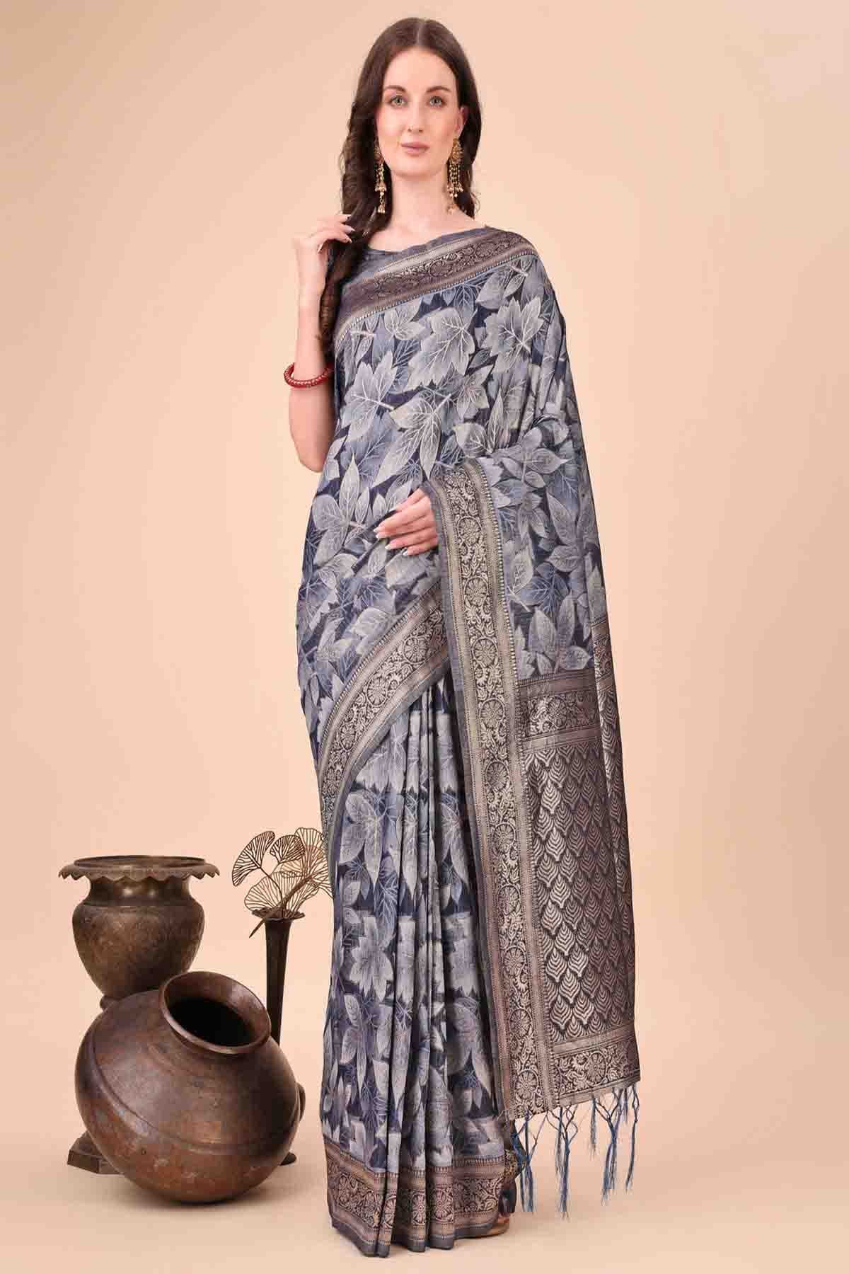 Navy Blue Colour Cotton Printed Traditional Sarees VSSD1113771