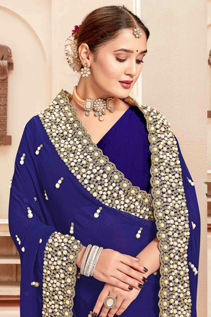 Navy Blue Colour Georgette Embroidery Work Designer Saree VSSD1091245