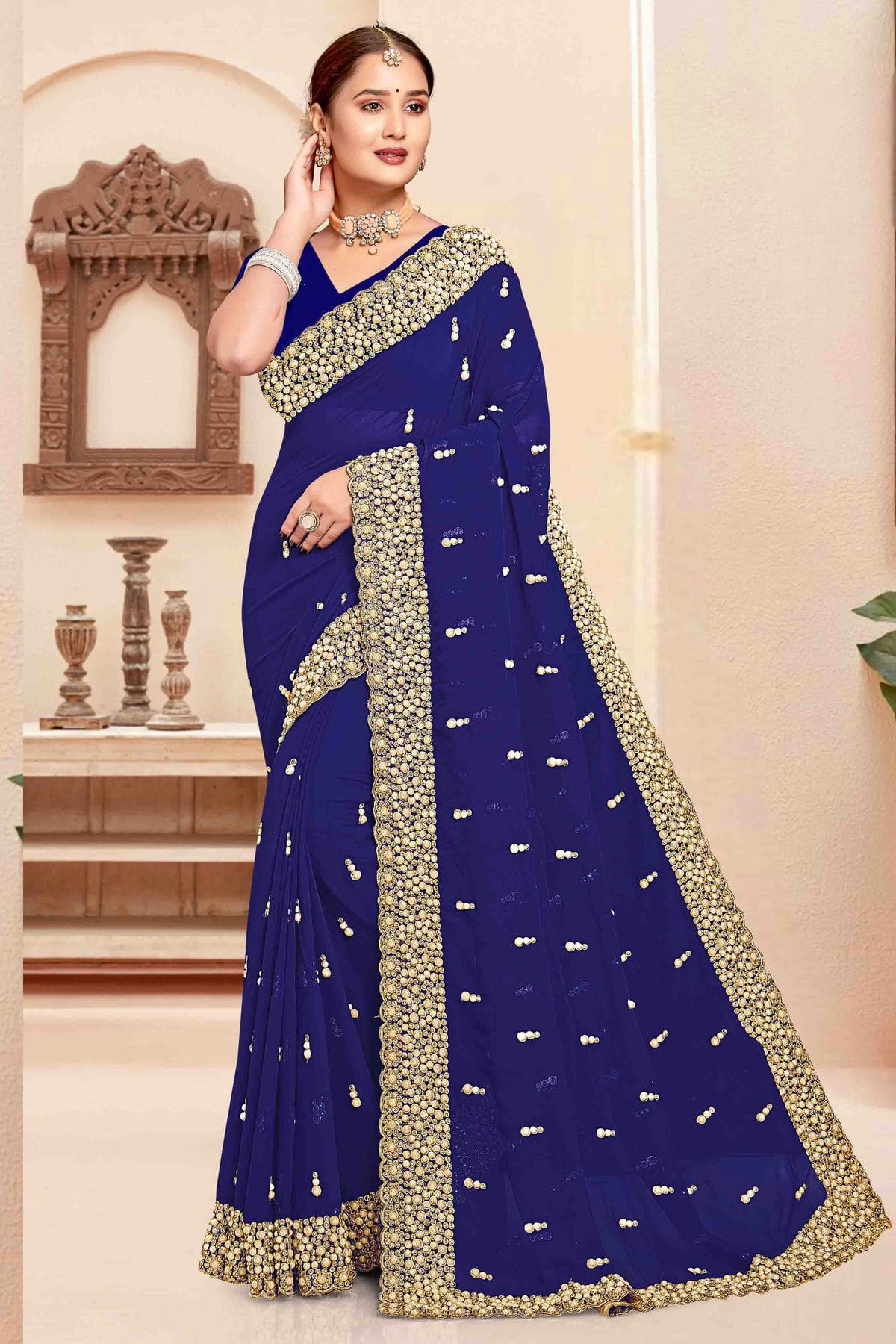 Navy Blue Colour Georgette Embroidery Work Designer Saree VSSD1091245