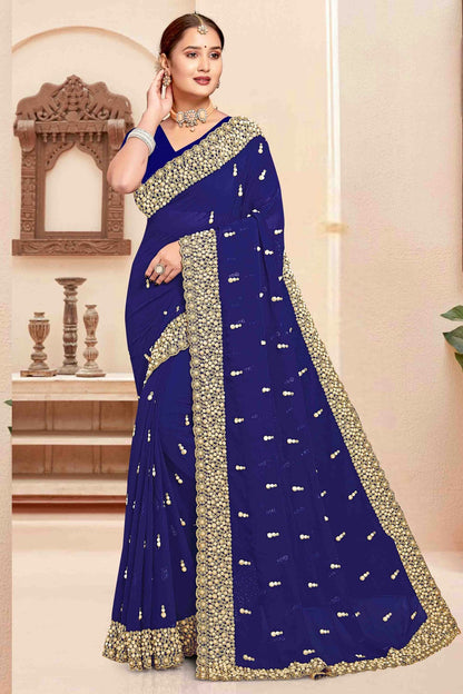 Navy Blue Colour Georgette Embroidery Work Designer Saree VSSD1091245