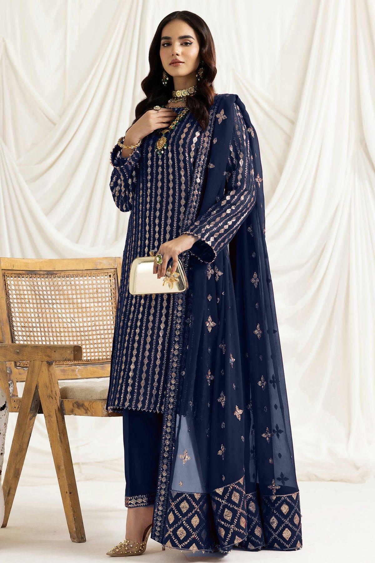 Navy Blue Colour Georgette Semi Stitched Pakistani Suit VSSM1250196