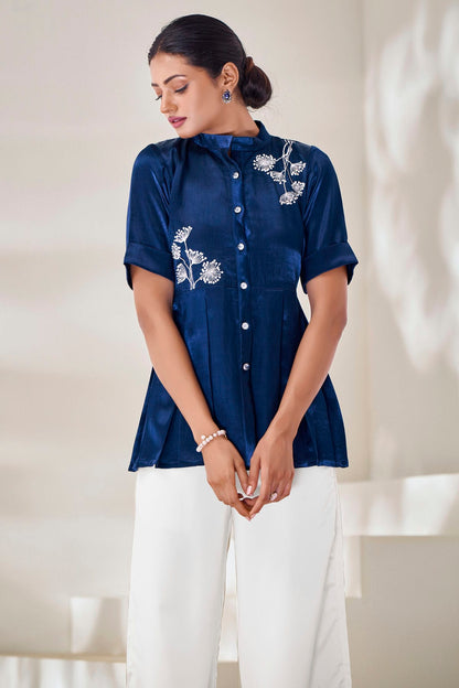 Navy Blue Colour Hand Work Pure Gaji Silk Top VSTP1080907