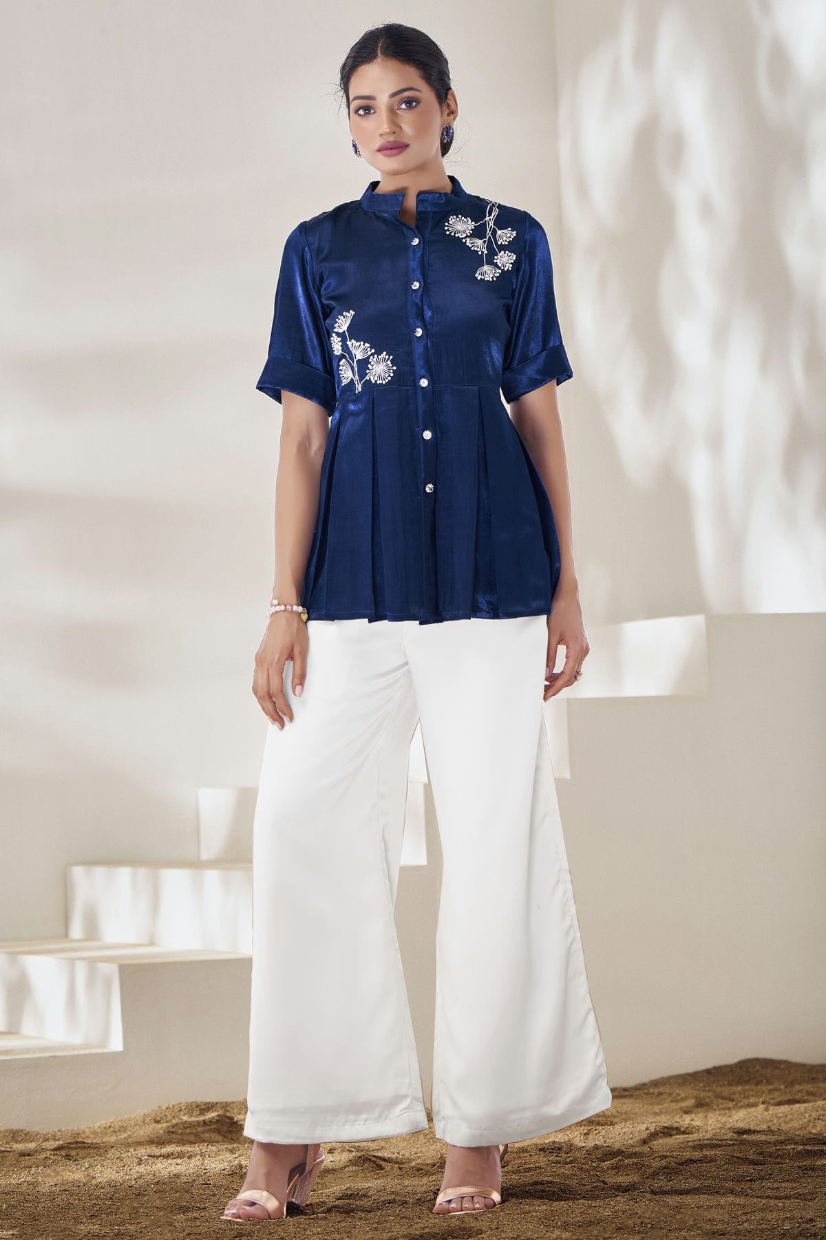 Navy Blue Colour Hand Work Pure Gaji Silk Top