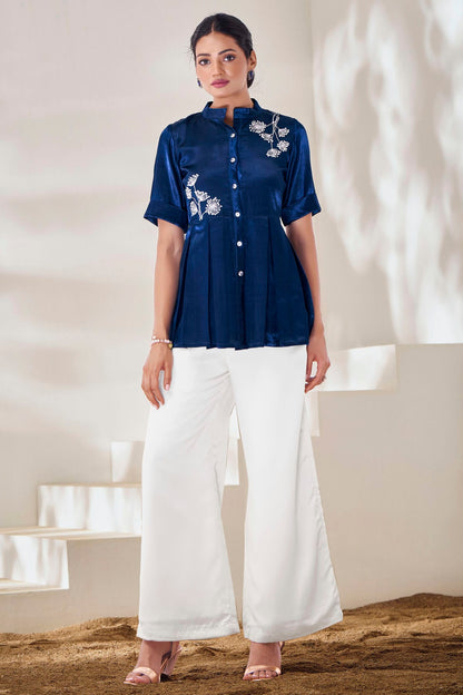 Navy Blue Colour Hand Work Pure Gaji Silk Top