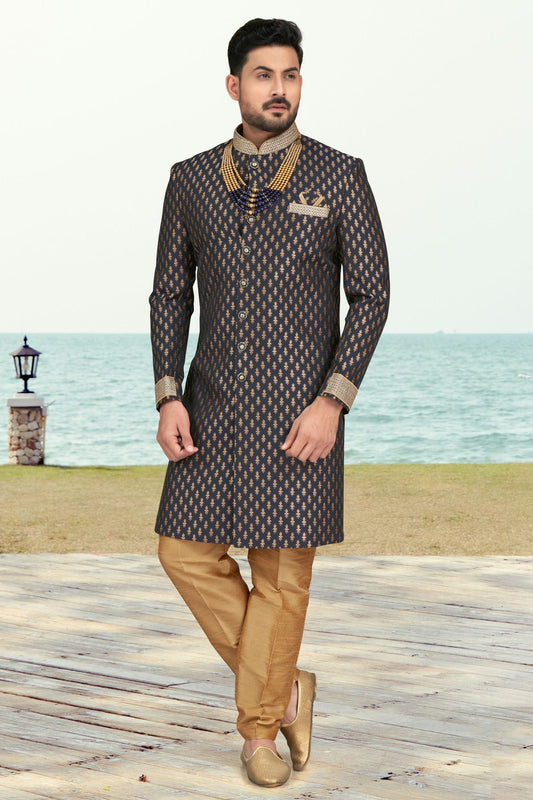 Navy Blue Colour Jacquard Indo Western Sherwani VSSH1040506