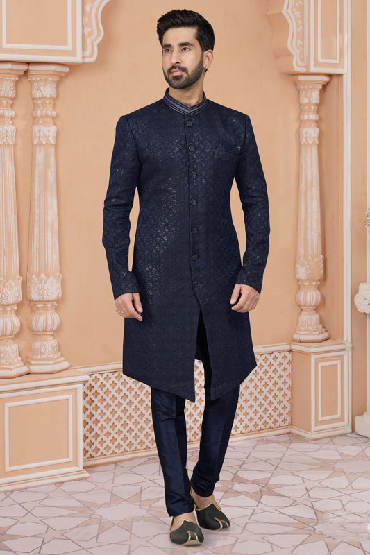 Navy Blue Colour Jacquard Sherwani VSSH1040545
