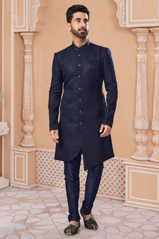 Navy Blue Colour Jacquard Sherwani VSSH1040552