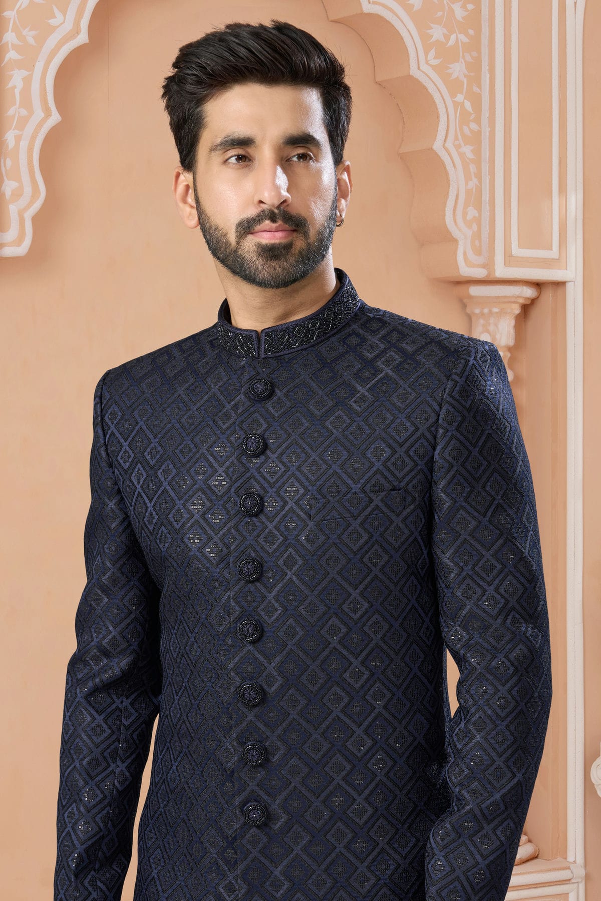 Navy Blue Colour Jacquard Sherwani VSSH1040575