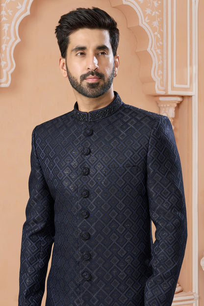 Navy Blue Colour Jacquard Sherwani VSSH1040575