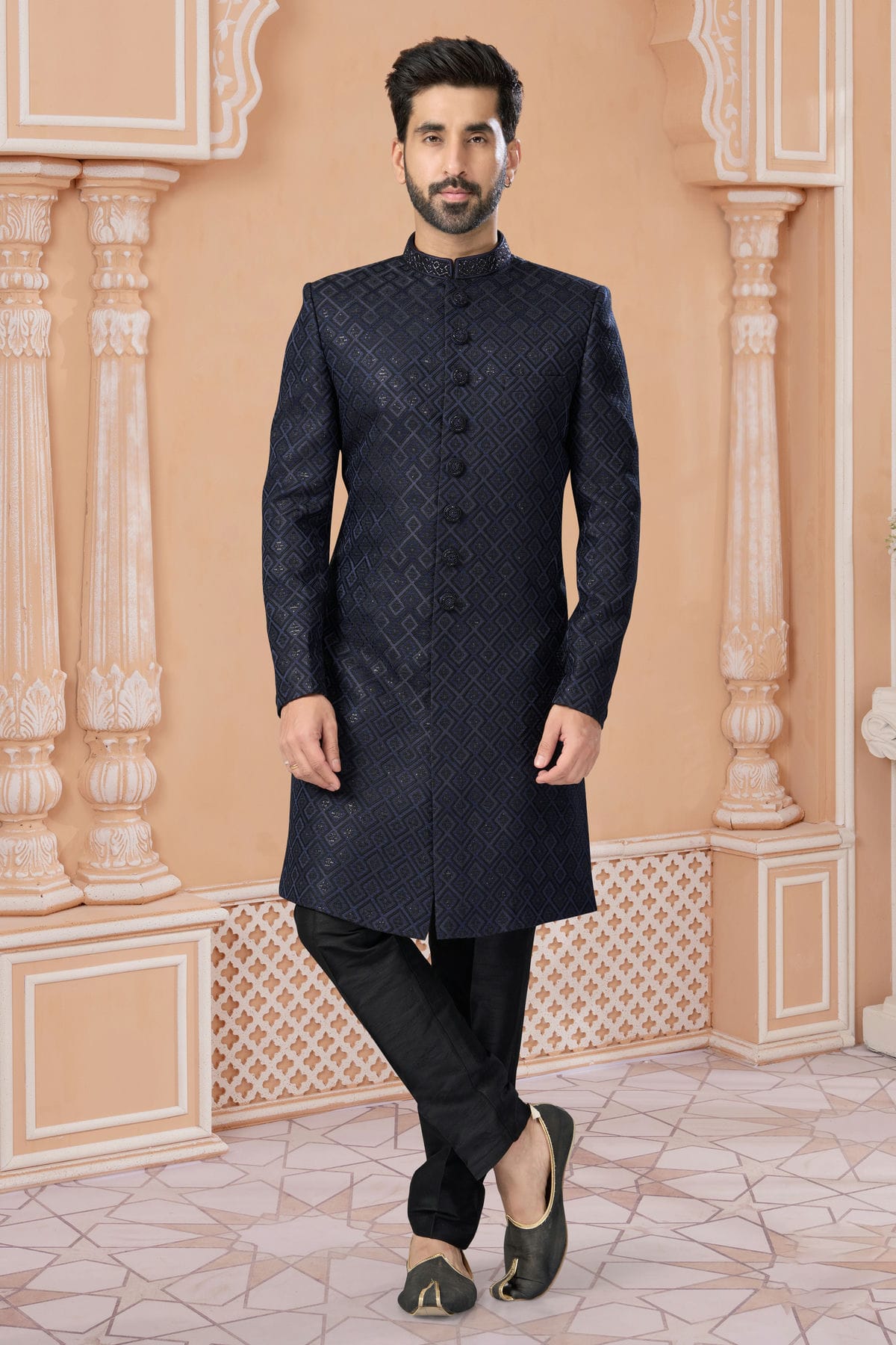 Navy Blue Colour Jacquard Sherwani VSSH1040575