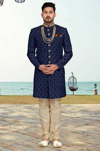 Navy Blue Colour Kora Shine Silk Sherwani VSSH1040527