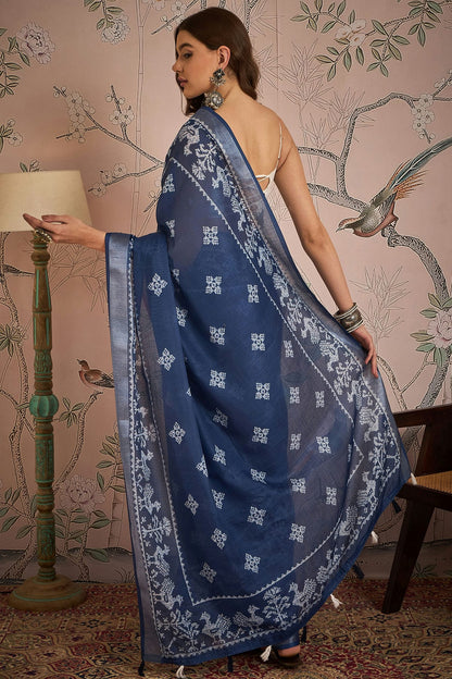 Navy Blue Colour Linen Blend Printed Saree VSSD1111670