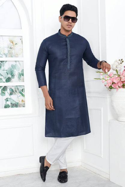Navy Blue Colour Linen Cotton Thread Work Kurta Pajama VSKP1230139