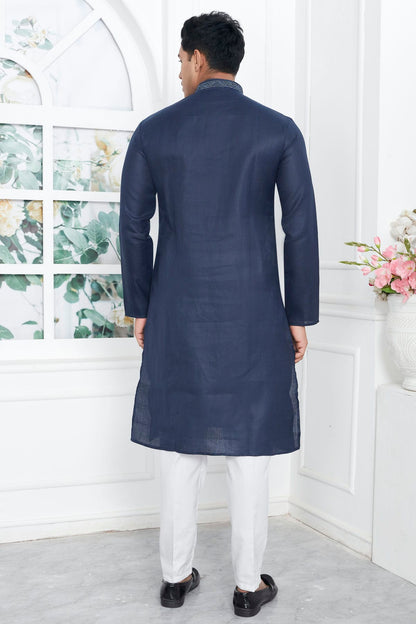 Navy Blue Colour Linen Cotton Thread Work Kurta Pajama VSKP1230139