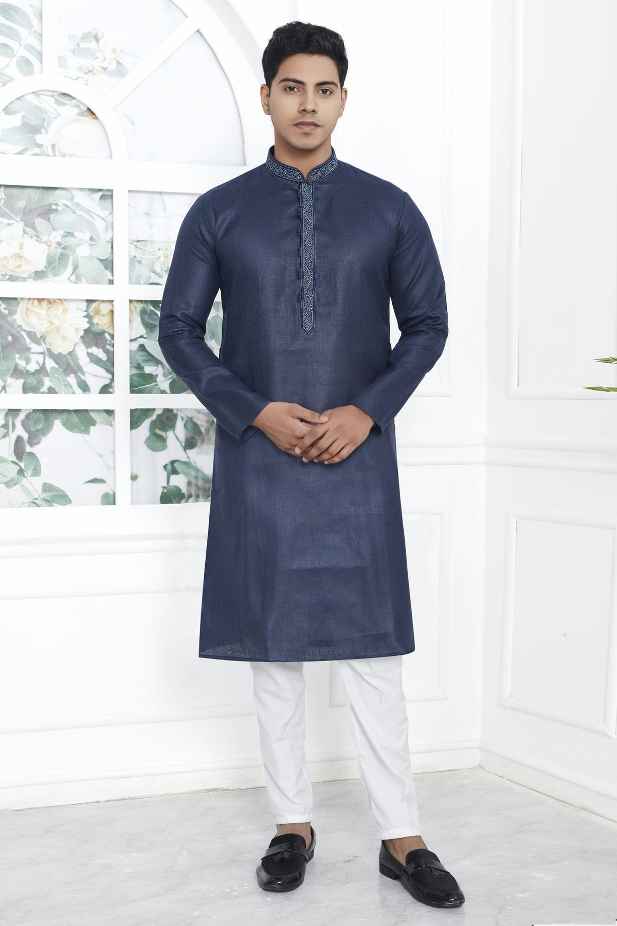 Navy Blue Colour Linen Cotton Thread Work Kurta Pajama