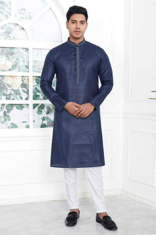 Navy Blue Colour Linen Cotton Thread Work Kurta Pajama