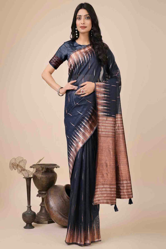 Navy Blue Colour Linen Cotton Woven Traditional Sarees VSSD1113778