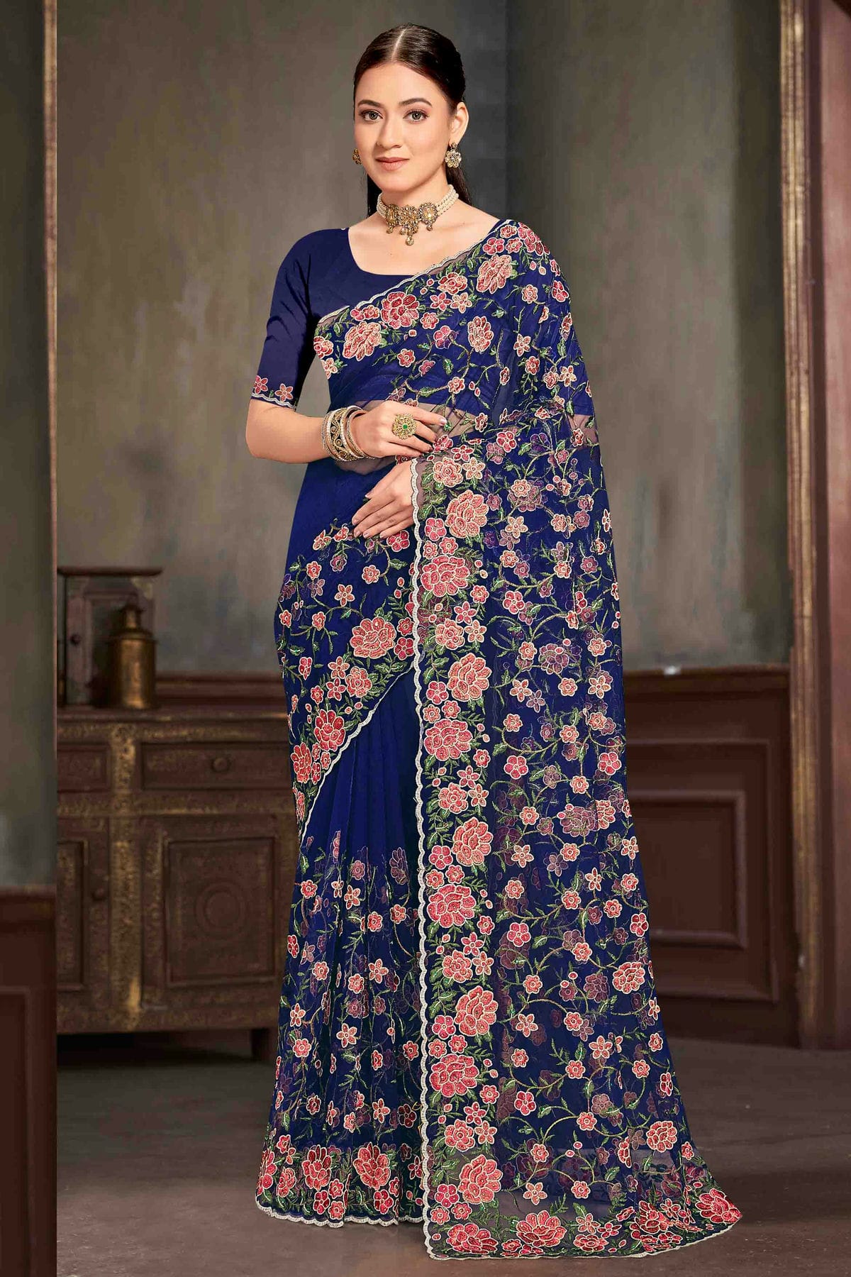 Navy Blue Colour Net Embroidery Work Designer Saree VSSD1091233