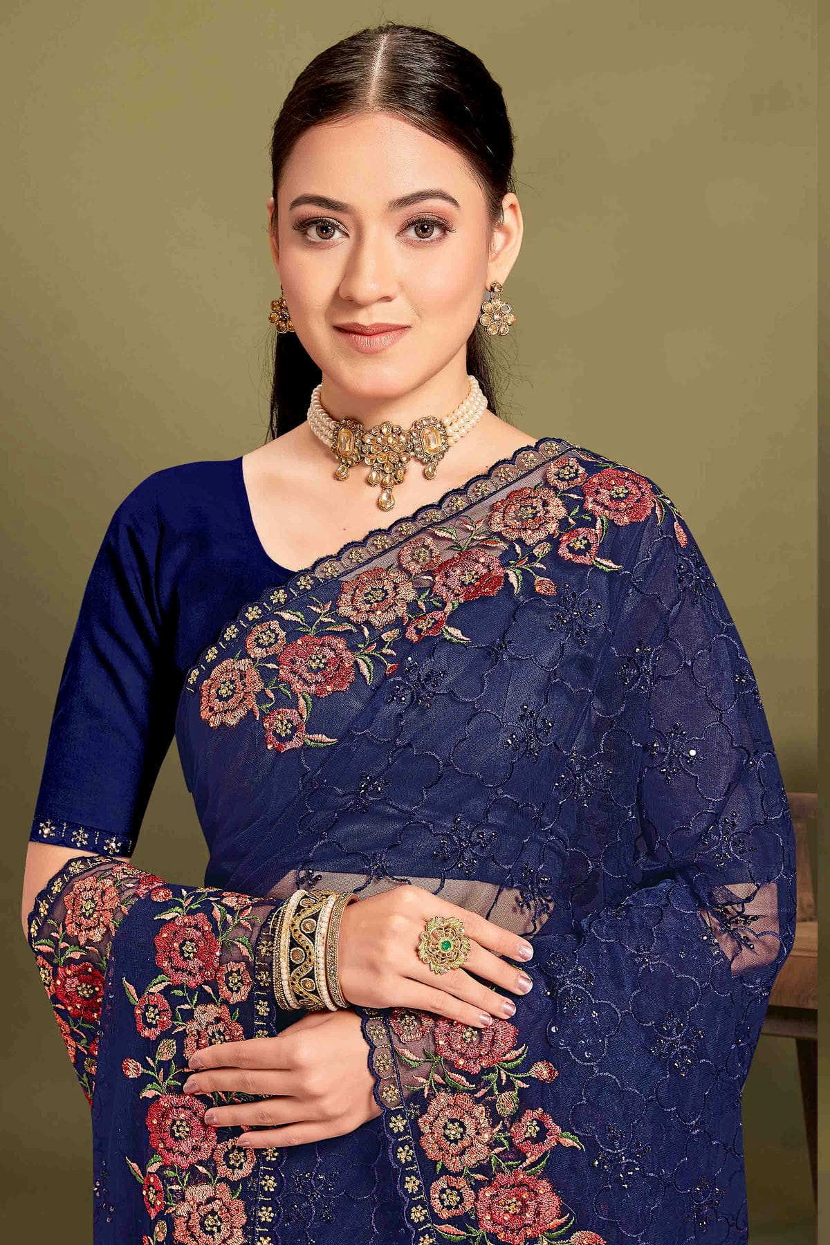 Navy Blue Colour Net Embroidery Work Designer Saree VSSD1091238