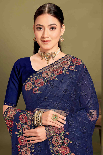 Navy Blue Colour Net Embroidery Work Designer Saree VSSD1091238