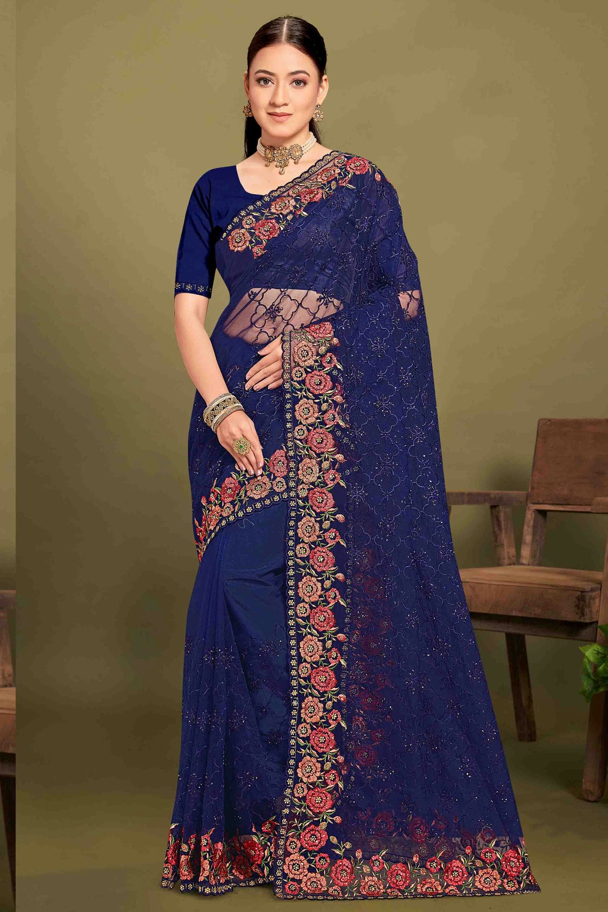 Navy Blue Colour Net Embroidery Work Designer Saree VSSD1091238