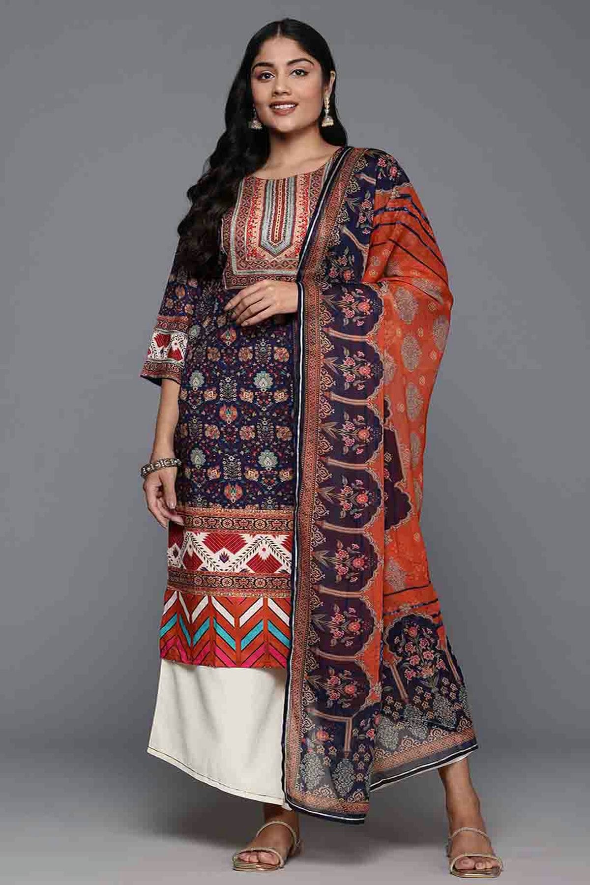 Navy Blue Colour Poly Crepe Stitched Palazzo Pant Suit VSSS1113798