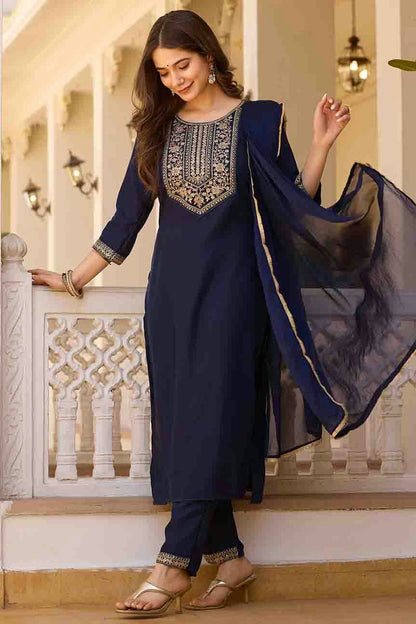 Navy Blue Colour Rayon Stitched Pant Style Suit VSSS1113787