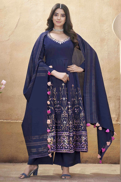 Navy Blue Colour Roman Silk Stitched Suit VSSS1112893