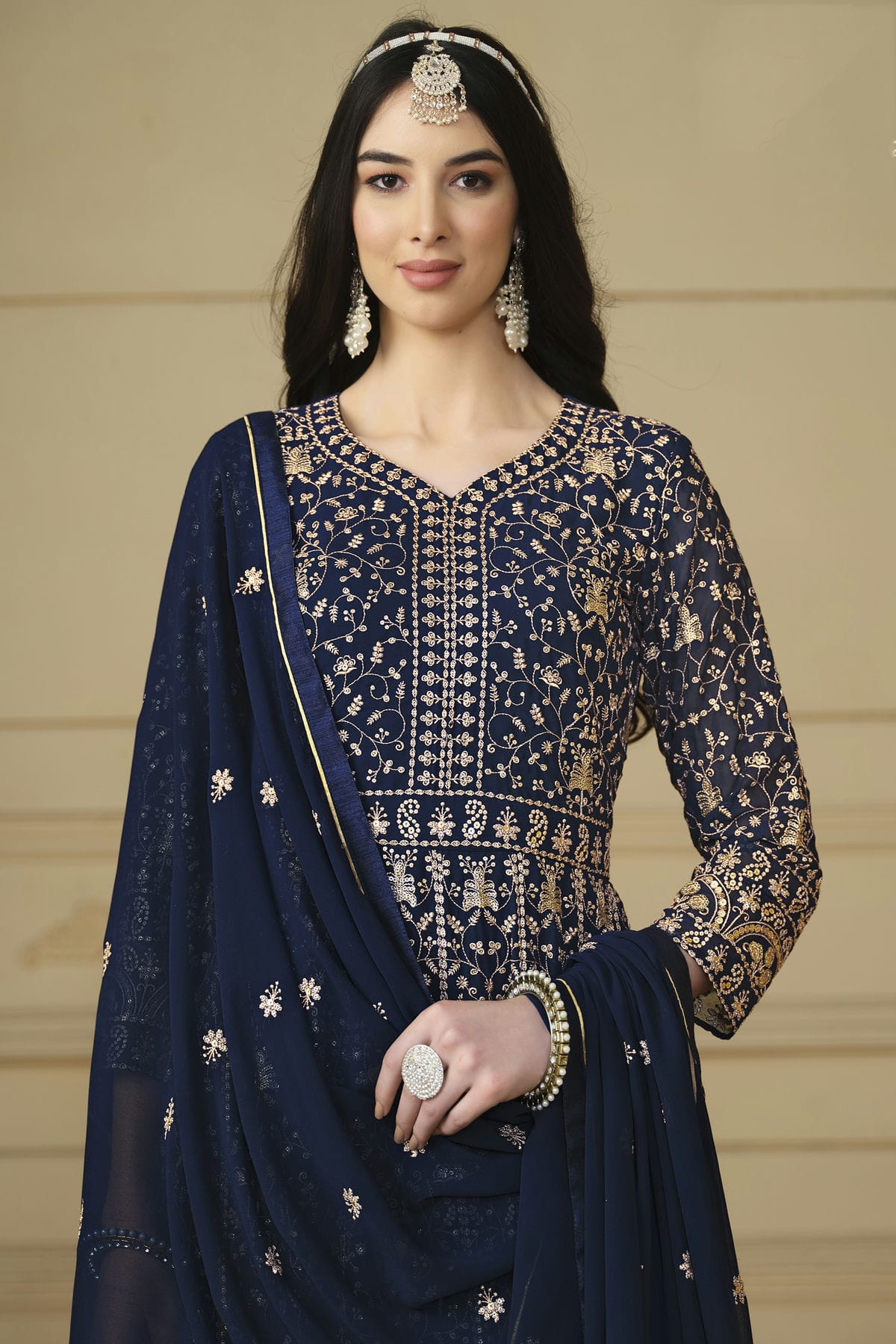 Navy Blue Colour Semi Stitched Faux Georgette Anarkali Suit VSSM1050479