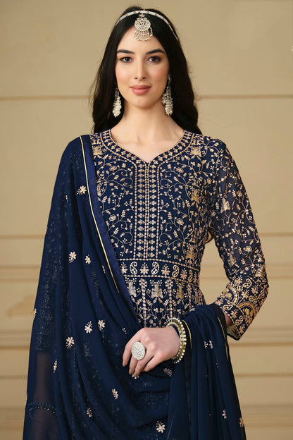 Navy Blue Colour Semi Stitched Faux Georgette Anarkali Suit VSSM1050479
