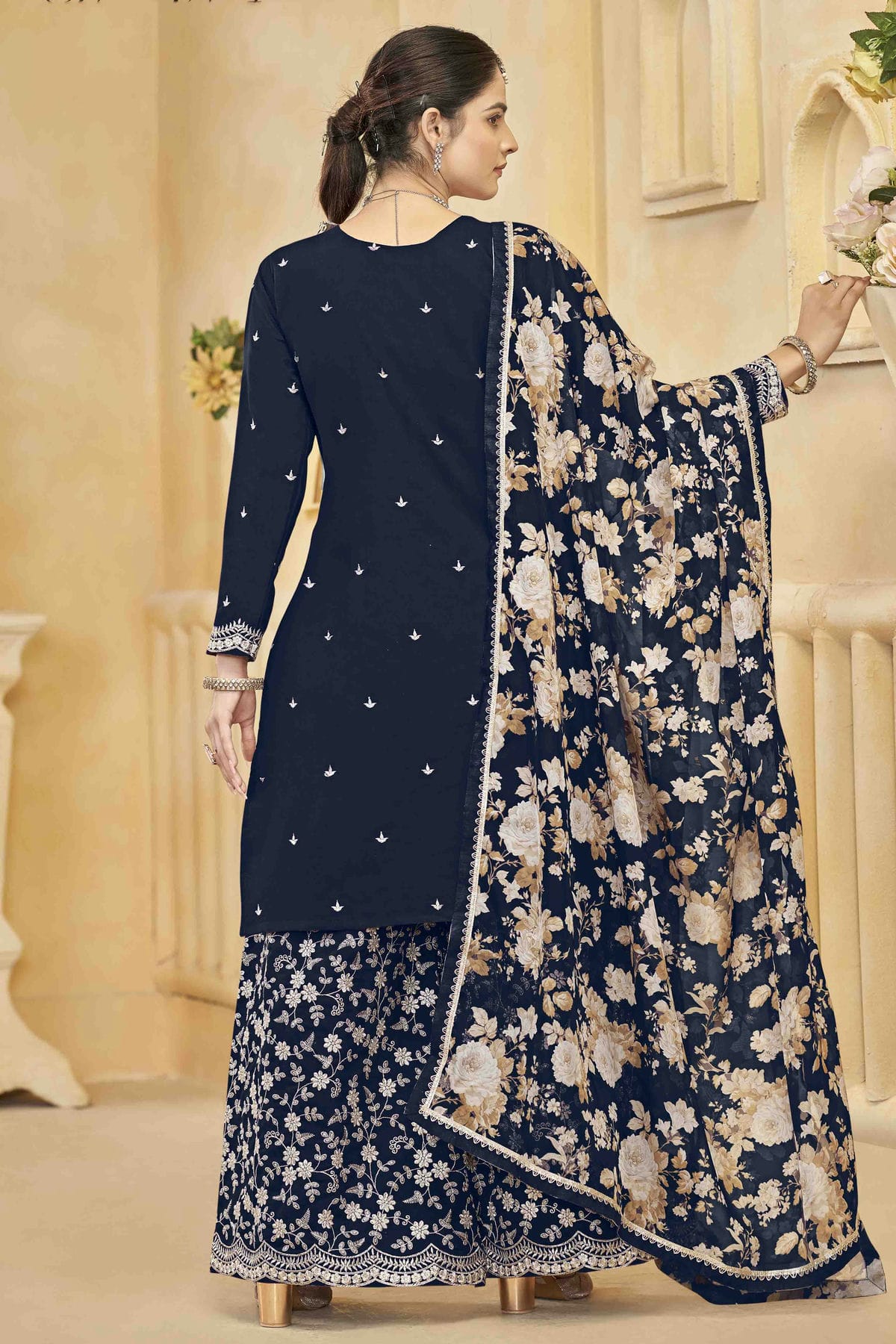 Navy Blue Colour Semi Stitched Roman Silk Palazzo Pant Suit VSSM1050745
