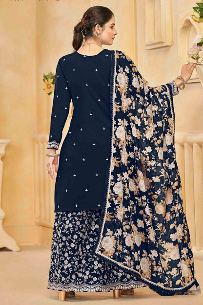 Navy Blue Colour Semi Stitched Roman Silk Palazzo Pant Suit VSSM1050745