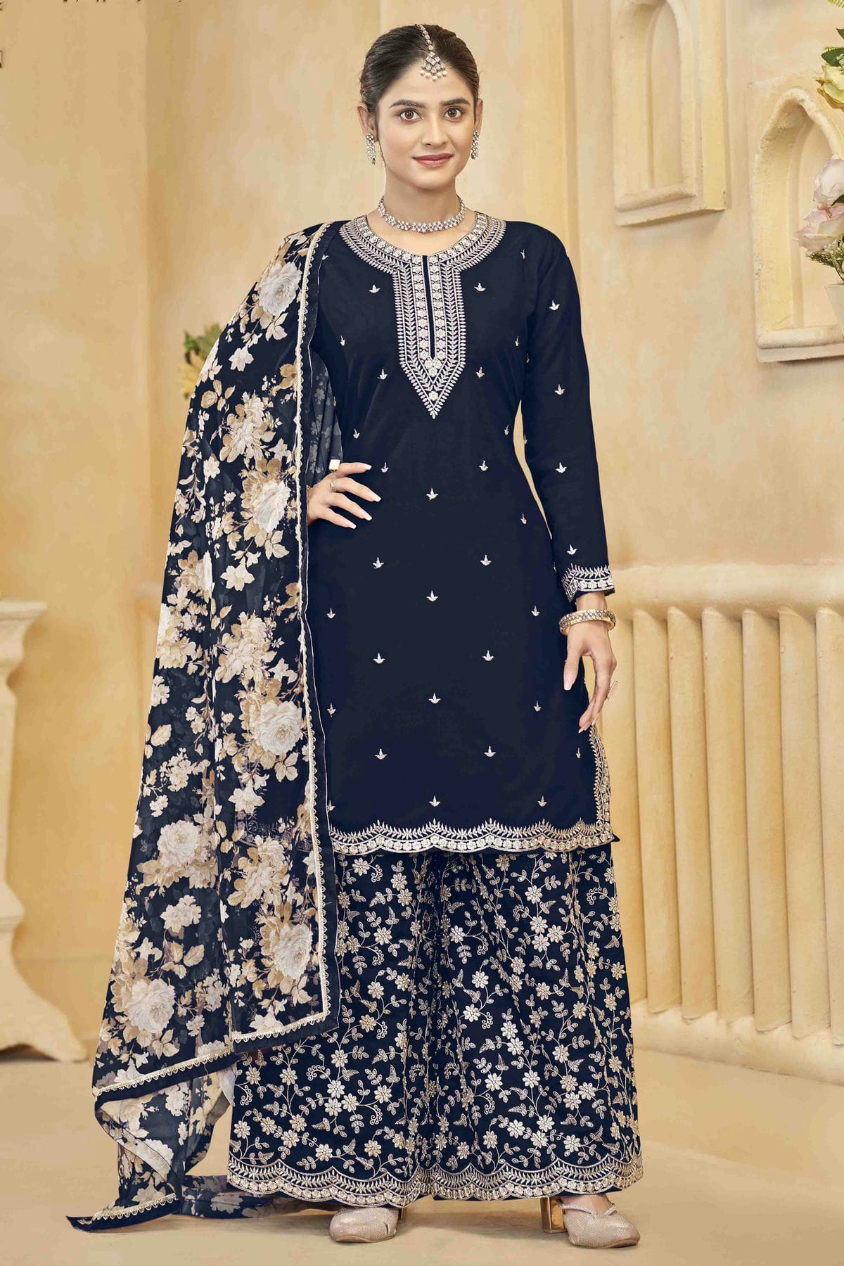 Navy Blue Colour Semi Stitched Roman Silk Palazzo Pant Suit VSSM1050745