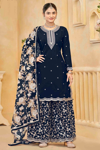 Navy Blue Colour Semi Stitched Roman Silk Palazzo Pant Suit VSSM1050745