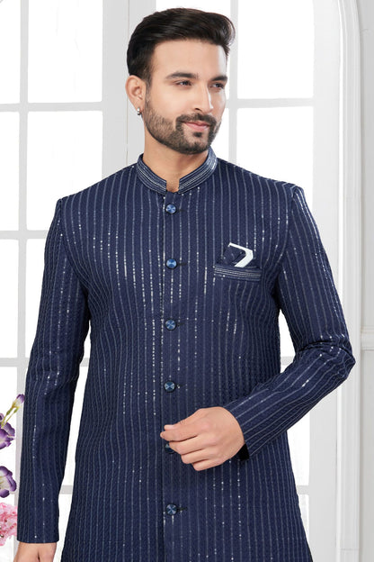 Navy Blue Colour Silk Dupion Dhoti Sherwani VSSH1040632