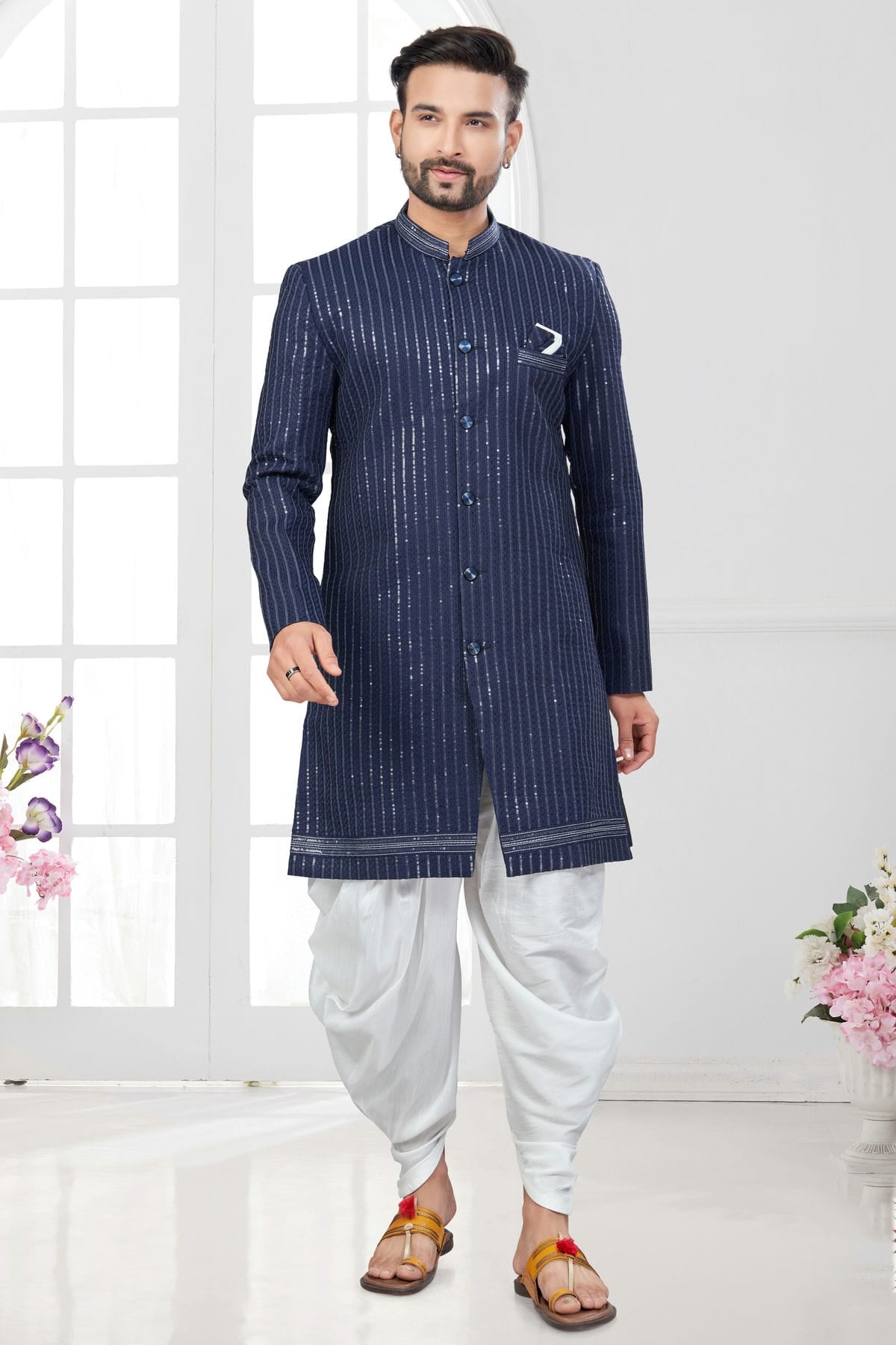 Navy Blue Colour Silk Dupion Dhoti Sherwani