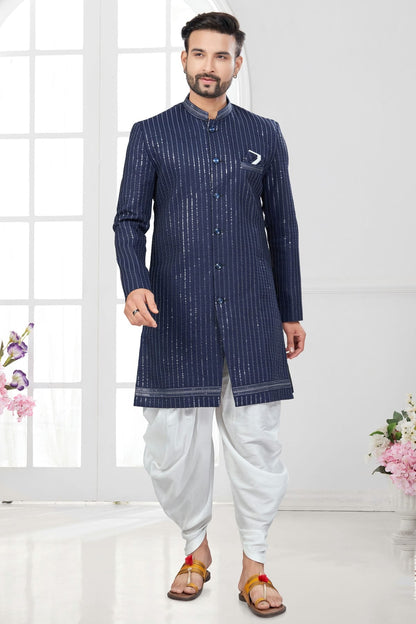 Navy Blue Colour Silk Dupion Dhoti Sherwani