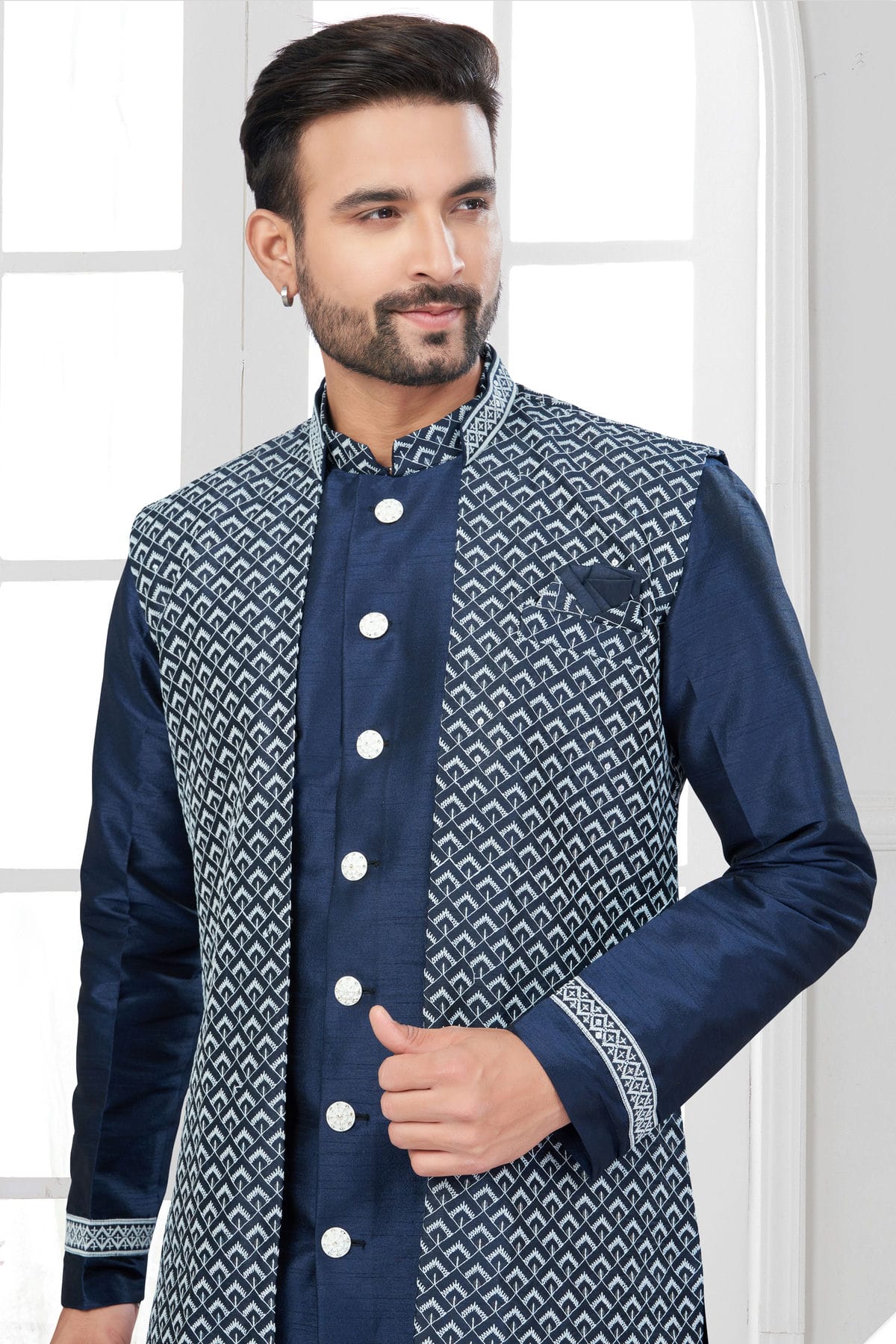 Navy Blue Colour Silk Dupion Sherwani VSSH1040585