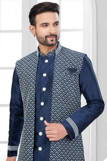 Navy Blue Colour Silk Dupion Sherwani VSSH1040585