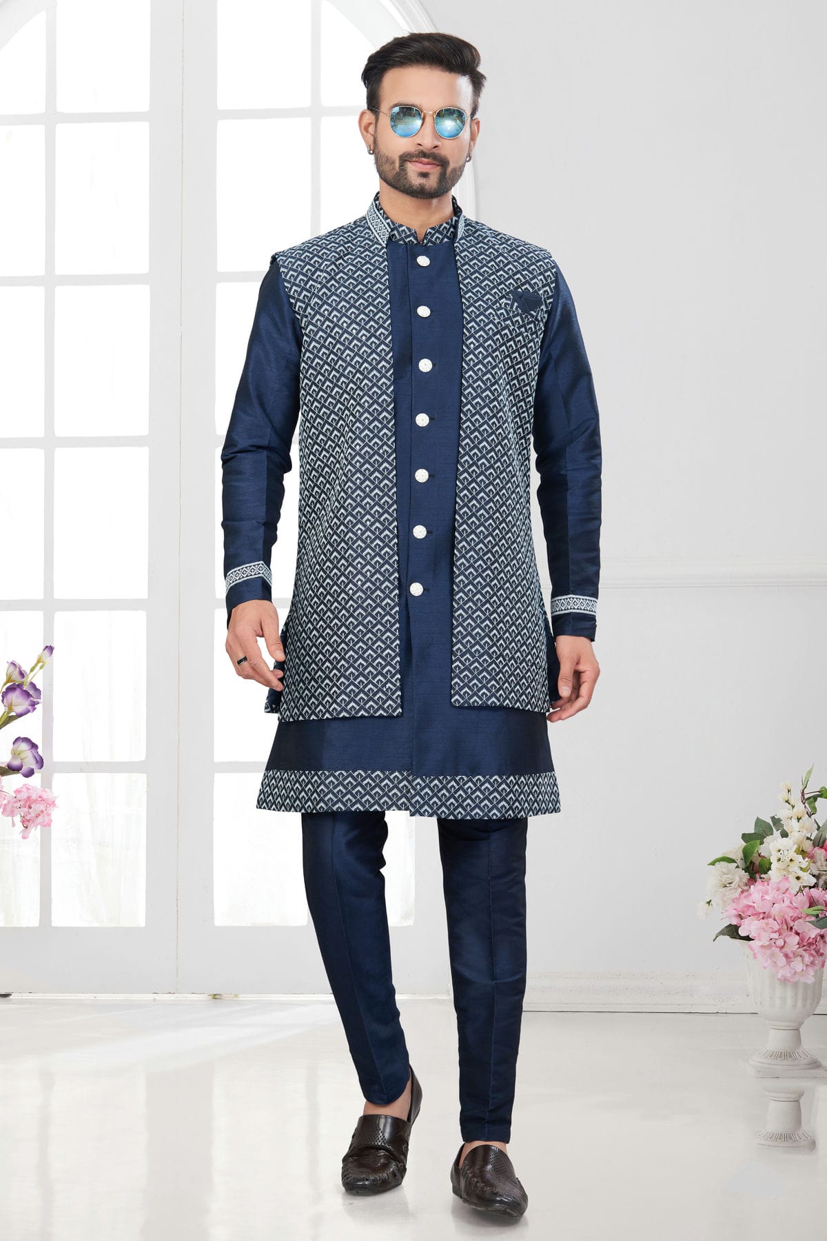 Navy Blue Colour Silk Dupion Sherwani