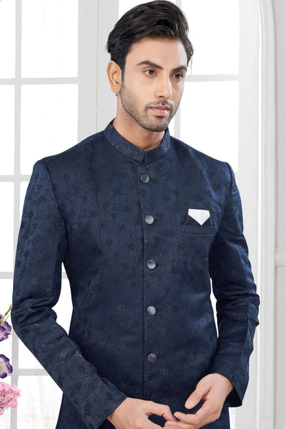 Navy Blue Colour Silk Dupion Sherwani VSSH1040625