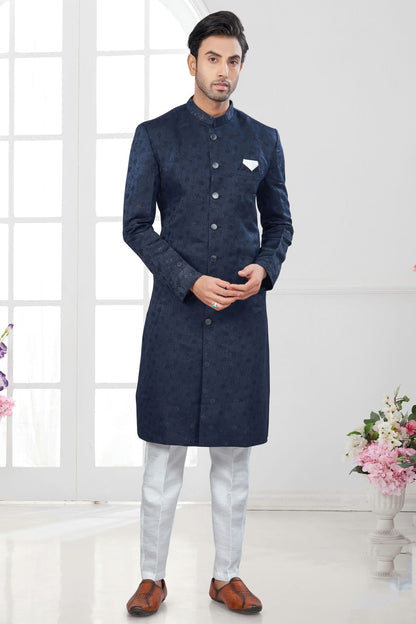 Navy Blue Colour Silk Dupion Sherwani